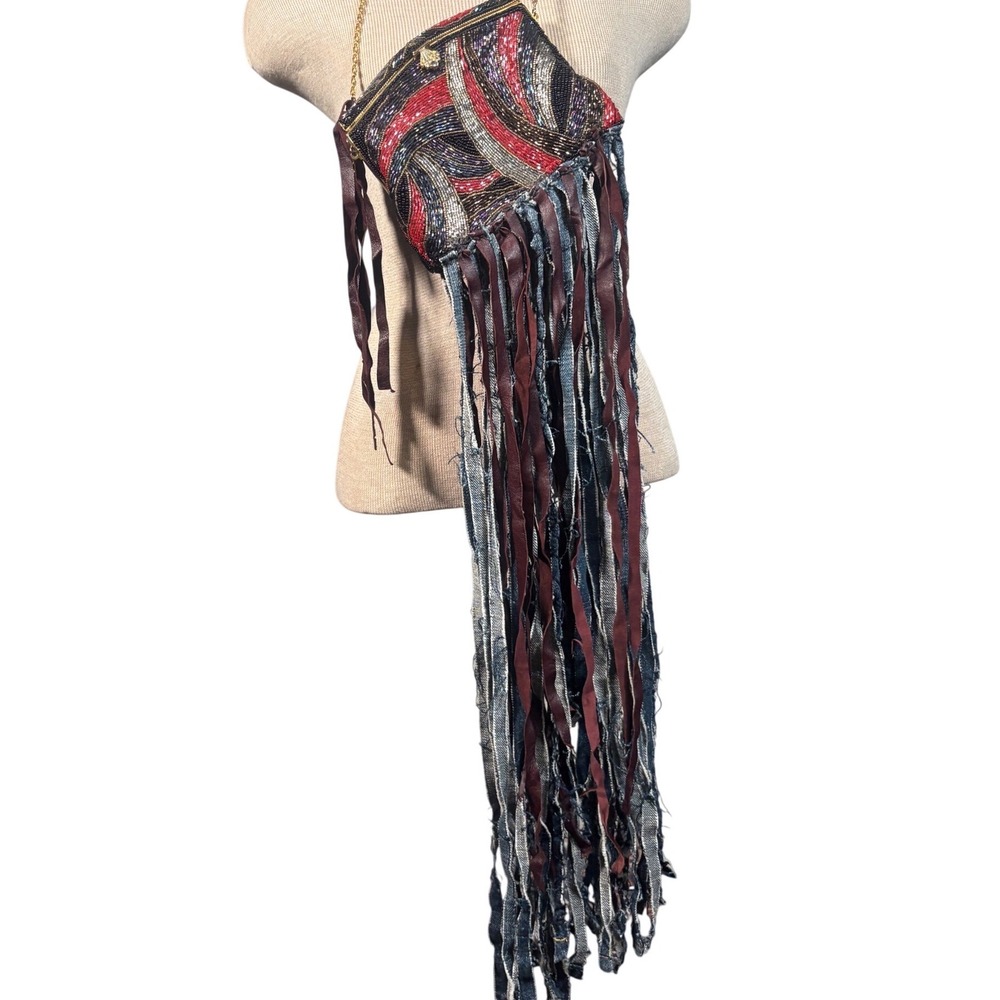 MAME Bespoke Boho Beaded‎ Fringe Bag Reclaimed Denim Art wear firm